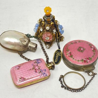 Pink Guilloche Enameled Miniature Compact & Perfume ~ Florenza Jeweled Bottle ~ Chatelaine Shell 