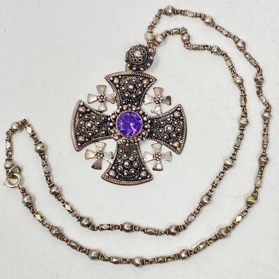  Vintage Sterling Silver Jerusalem Crusader Cross with Amethyst Gemstone and Chain