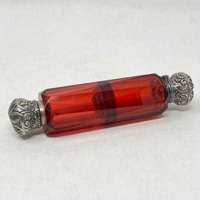 Double Ended Victorian Scent Bottle in Faceted Ruby Red Colored Glass c.1800s- (M1) Perfume