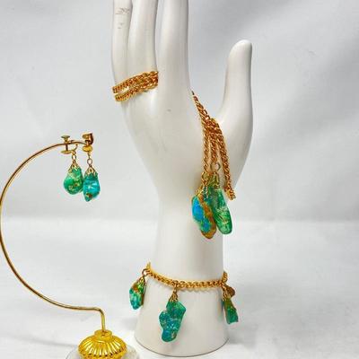 Vintage Gold- Tone and Turquoise Jewelry Set- Necklace, Bracelet and Earrings
