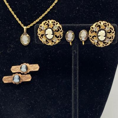 -Antique Gold-Plated Miniature Cameo Jewelry- Necklace, 2 Brooches, 2 Earrings