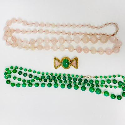 Rose quartz necklace has graduated natural Gemstones- Green quartz necklace has small crystal beads between each graduated dyed green...