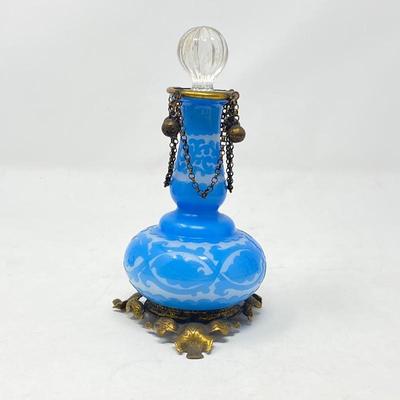 Victorian Scent Bottle with Blue Cameo Glass and Brass Details