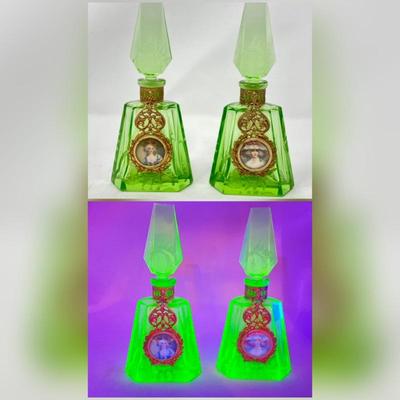  Art Nouveau Uranium/Vaseline Glass Perfume Bottles w/ Gold Filigree and Cameo Front-