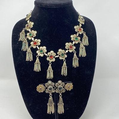Ethnic Necklace with Gems and Matching Earings