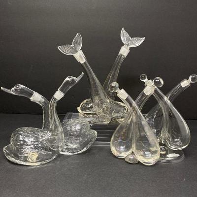Unique Group of 4 Glass Cruet's - Twin Koy Fish- Entwined Swans- Hand-Blown Crystal Double Decanters