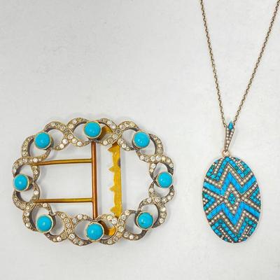 Turquoise and Pearl Mosaic Pendant/Locket and Belt Buckle