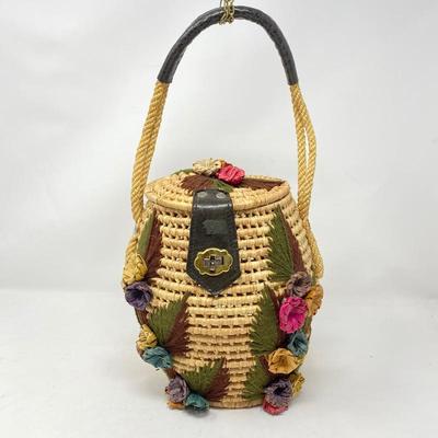 Vintage 50s Raffia Bucket Bag- Hand Embroidered Floral Design