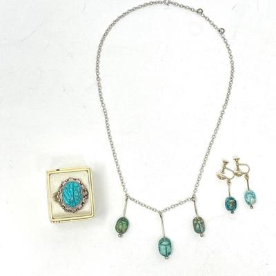 Sterling Silver Buddhist Carved Turquoise Vessel Ring ~ Scarab Beetle Necklace & Earring Jewelry