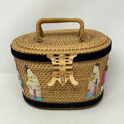  Vintage Ritter Rattan Handbag w/ Asian Figures, Metal Hardware, Fabric Lining from Hong Kong
