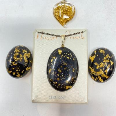  Vintage Gold Nugget Jewelry in Resin- Oval Pendant and Earrings and Glass Heart