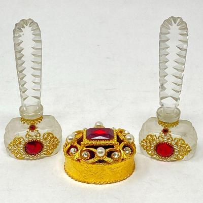 Vintage Florenza Trinket Box & Cut-Glass Miniature Perfume Bottles w/ Red Rhinestones 