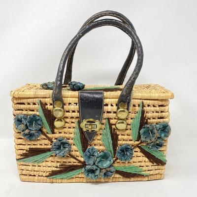 Small Rafia Woven Handbag with Floral Embellishments