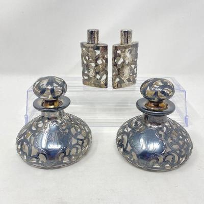 Antique Glass Perfume Bottles with Sterling Silver Overlay in Two Sizes