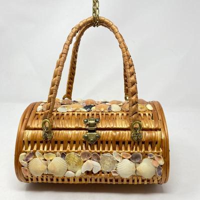 1950s Wicker Handbag Decorated w/ Seashells - Made in Spain