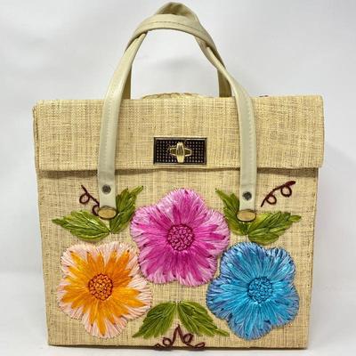  Large Vintage Handbag with Bright Colored Flowers