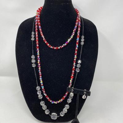 Ruby Red & Clear Czech Crystal Long Necklace in Flapper Style & Art Deco Rock Crystal Jewlery