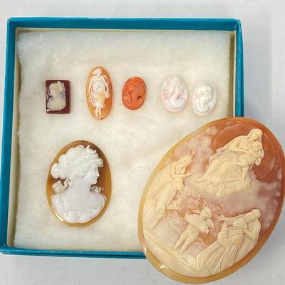 19th Century Carved Shell Cameos -Madonna & Child, Classic Side Profile of Elegant Lady, 5 Miniatures