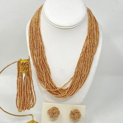 Italian Golden Murano Glass Bead Torsade Necklace, Bracelet and Earrings