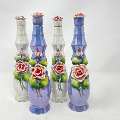 German Ceramic Lusterware Bottles with Applied Roses Flowers-