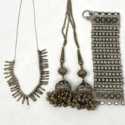 48" Lariat, Tribal Necklace, and Habbiyat Heavy Panel Bracelet Middle Eastern Jewelry 