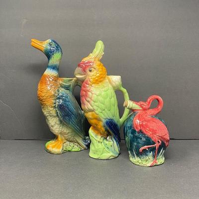  St. Clement Majolica Duck-Parrot and Flamingo Pitchers- Figural Jugs
