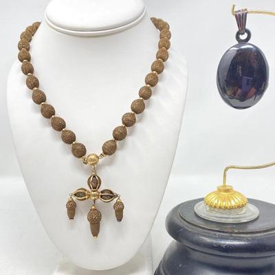 Victorian Hairwork Necklace and Cross w/ 14k Accents - Victorian Mourning Locket