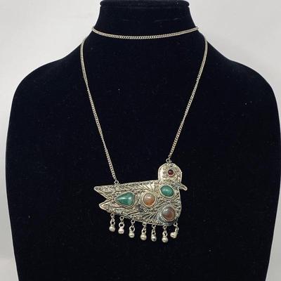  Vintage Filigree Bird Pendant with Semi-Precious Gemstones Made in India-