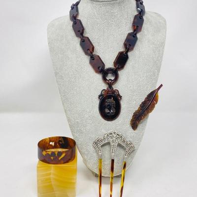  Victorian Carved Italian Cameo Necklace, Brooch, Bracelet, and Hair Comb