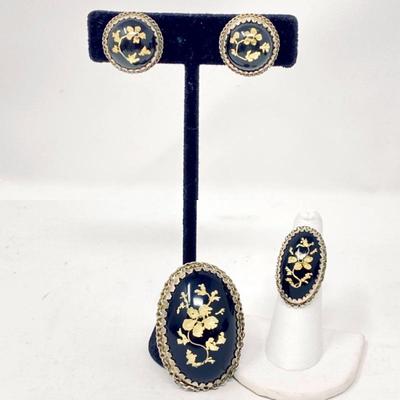 Sterling Silver with Gold Fleck Flowers - Earrings, Brooch, Ring