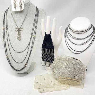 -Victorian Rhinestone, Beaded Bag, Adjustable Chain Necklaces w/Crystal and Pearls- Finger Miser Purse