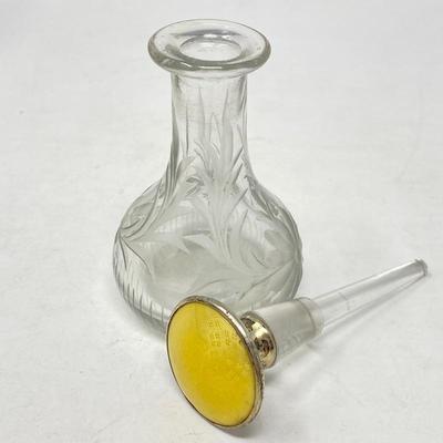 Etched Crystal Scent Bottle w/ Sterling Silver & Yellow Guilloche Enameled Dauber