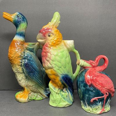 St. Clement Majolica Duck-Parrot and Flamingo Pitchers- Figural Jugs