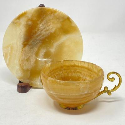 -Beautiful Carmel Colored Onyx Cup and Saucer with Gold Tone Handle