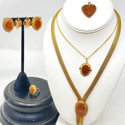 Vintage Goldstone Costume Jewelry Set- Pendants, Necklaces, Earrings, Rings