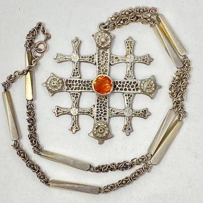 Vintage Sterling Jerusalem Knights Templar Cross Holy Sepulcher w/ Orange Topaz & Chain