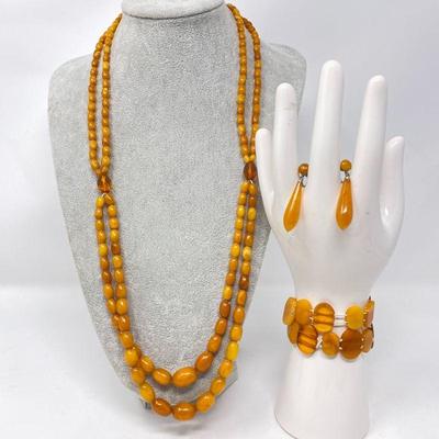 Vintage Opaque & Clear Genuine Amber Double Beaded Necklace, Two Stretch Bracelets & Earring Set