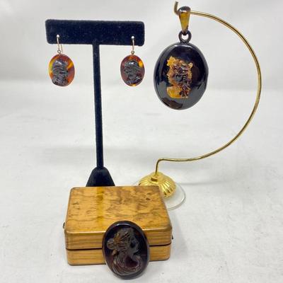 1800's Tortoiseshell Carved Cameo Brooch, Earring and Mourning Locket in Antique Box