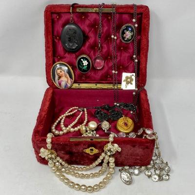  Antique Red Velvet Jewelry or Sewing Box with Tufted Interior and Filled w/ Victorian Jewelry 