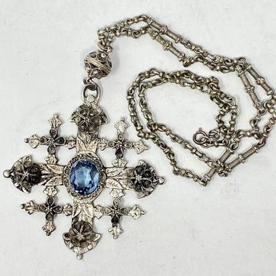  Vintage Sterling Silver Jerusalem Crusader Cross with Blue Topaz and Chain