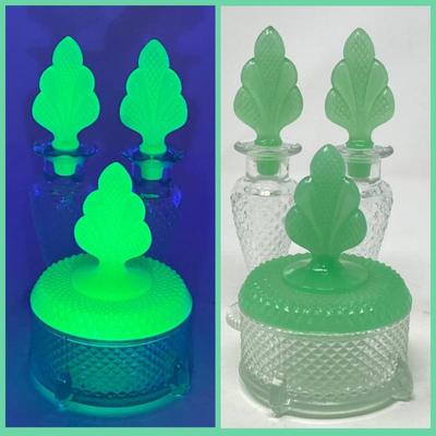 Martinsville Cut Glass Perfume Bottles and Powder Jar w/ Jadeite Uranium Stoppers
