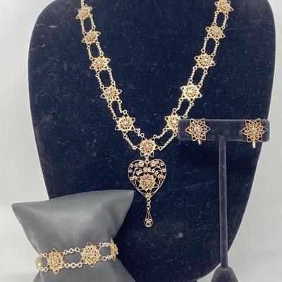  Delicate Filigree Sterling Silver Floral Set- Necklace, Bracelet, Earrings