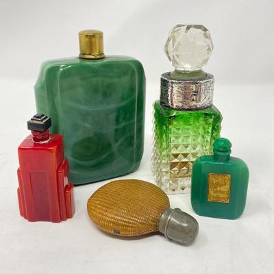 Art Deco Colored Glass Perfume Bottles and 1800s French Basket Weave Scent Bottle