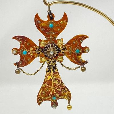 Mid-1800's Tortoiseshell Cross- Brooch & Pendant- Gold Cannetille Work, Turquoises & Pearls