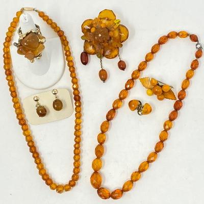 TWO Antique Amber Jewelry Sets- Necklaces, Earrings, Brooches, and Rings from 1920's