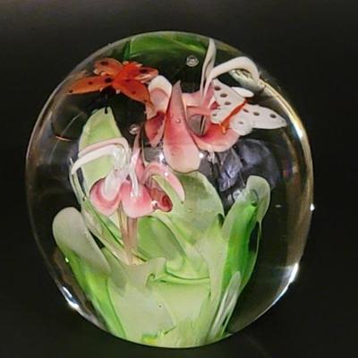 Art Glass Paperweight w/ Butterflies & Flowers