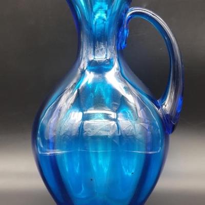 Blue Mouth Blown Art Glass 13in Pitcher