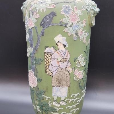 Antique Japanese Moriage Vase w/ Shi Shi Handles