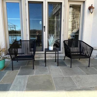 Project 62 patio set, outdoor rug, gas fire pit