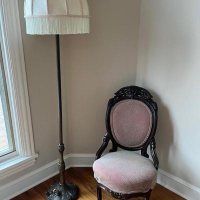 antique Victorian slipper chair; antique floor lamp